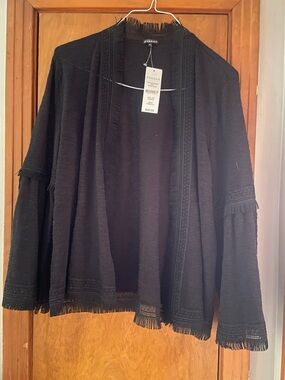 Hannah Black Open-Front Fringe-Trim Knit Cardigan